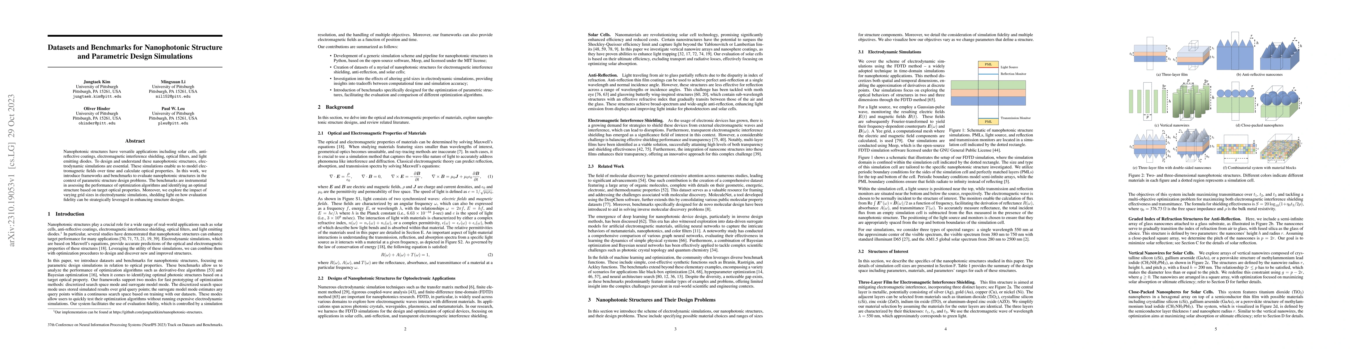 Thumbnail for Datasets and Benchmarks for Nanophotonic Structure and Parametric Design
  Simulations