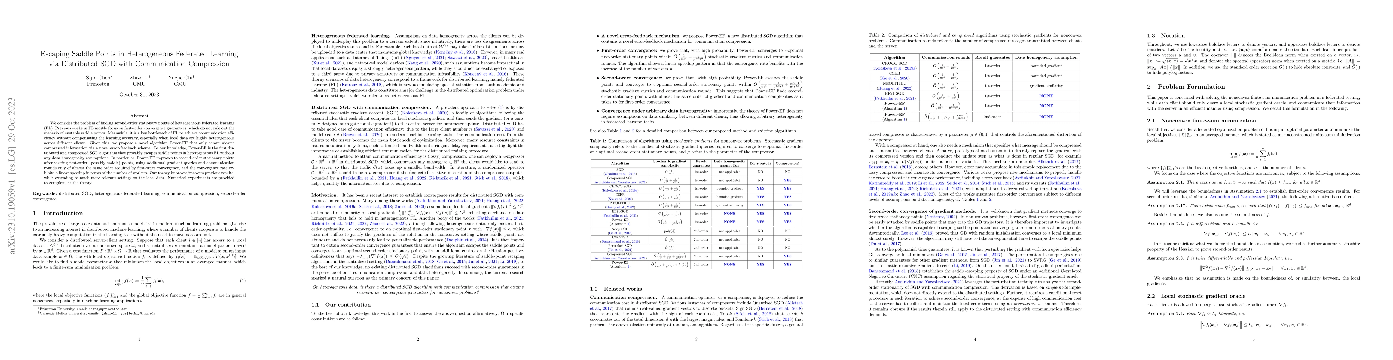 Thumbnail for Escaping Saddle Points in Heterogeneous Federated Learning via
  Distributed SGD with Communication Compression