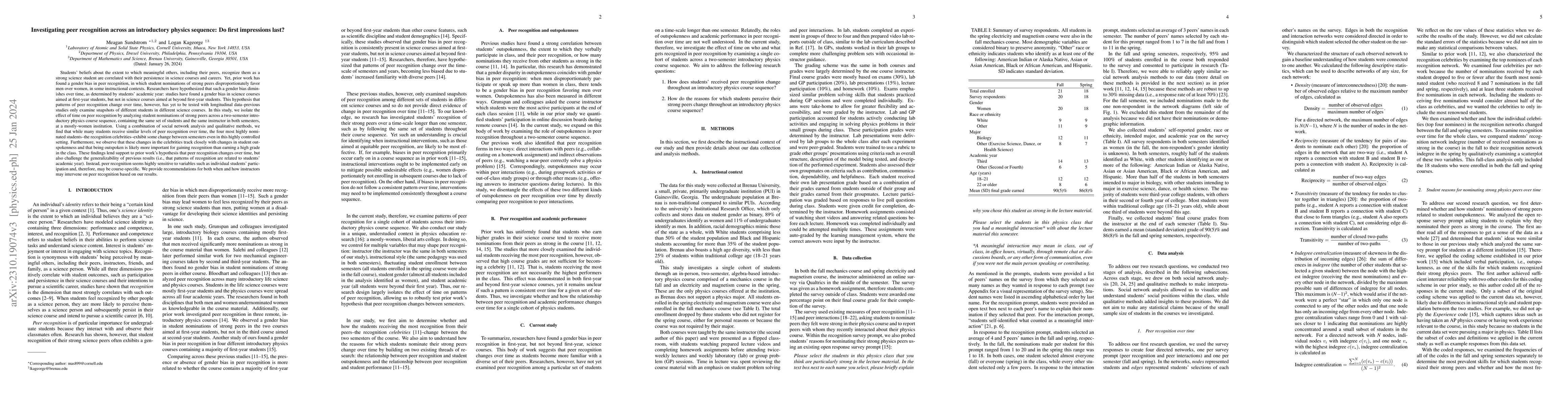Thumbnail for Investigating peer recognition across an introductory physics sequence:
  Do first impressions last?
