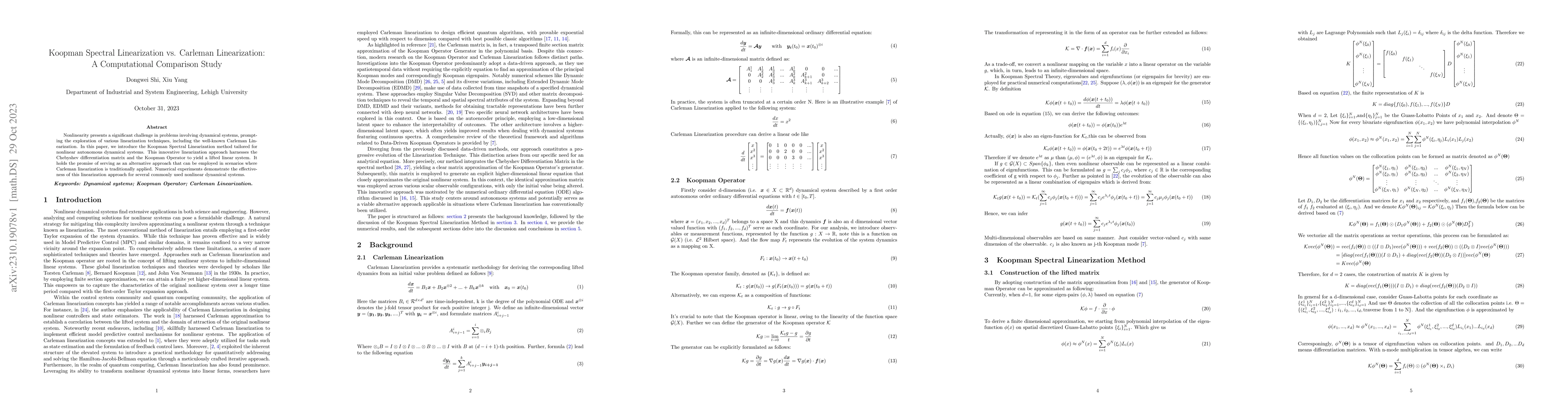 Thumbnail for Koopman Spectral Linearization vs. Carleman Linearization: A
  Computational Comparison Study