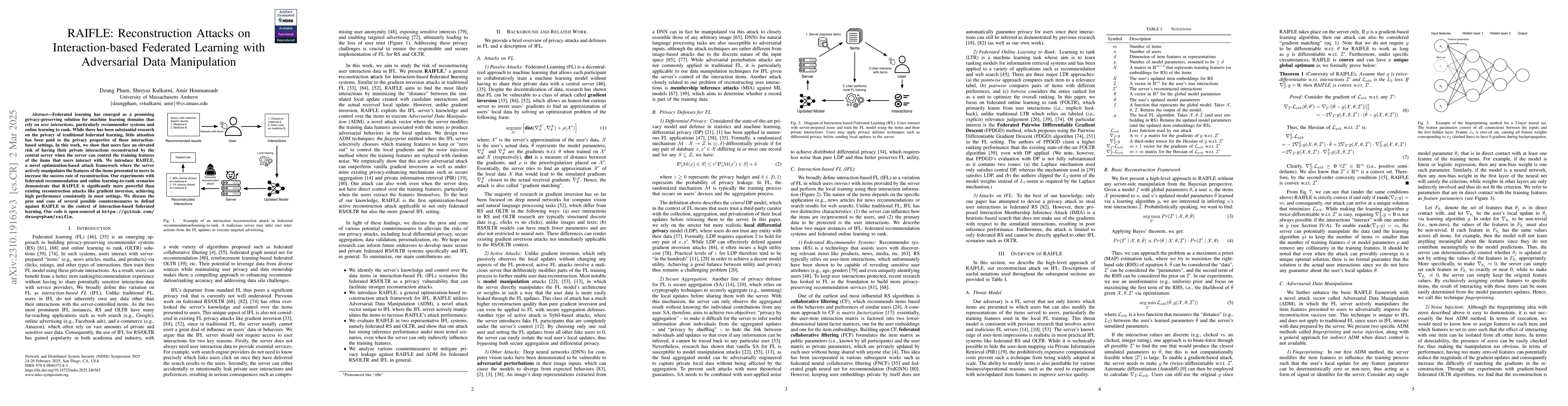 Thumbnail for RAIFLE: Reconstruction Attacks on Interaction-based Federated Learning
  with Adversarial Data Manipulation