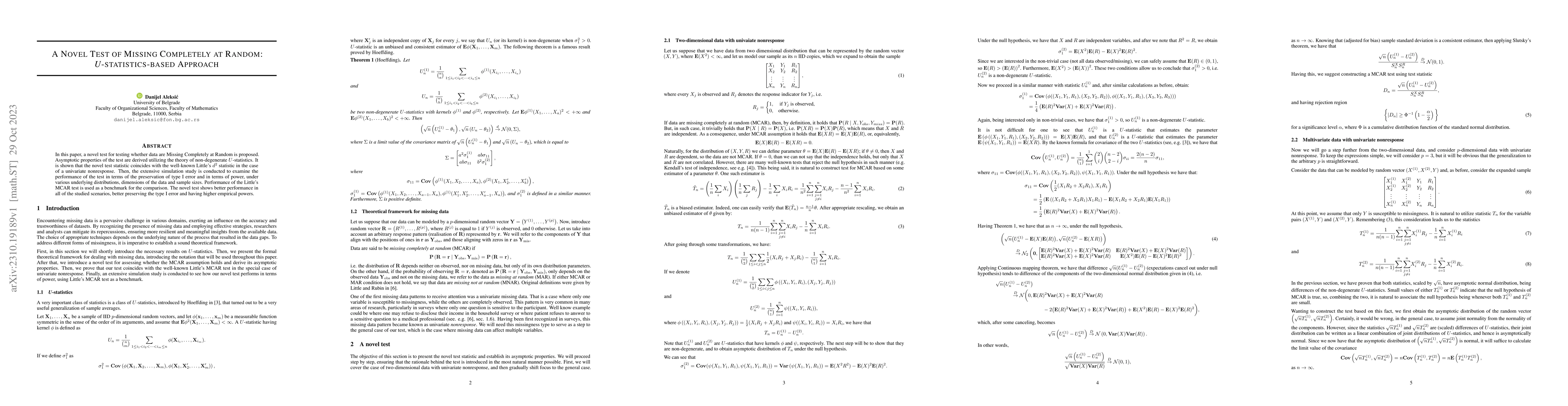 Thumbnail for A Novel Test of Missing Completely at Random: U-statistics-based
  Approach