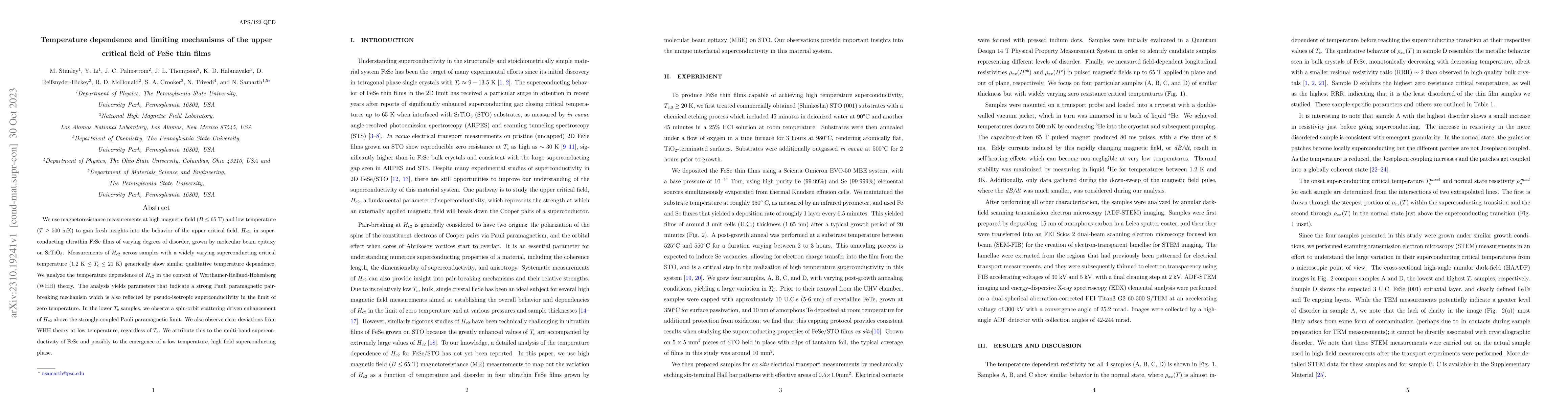 Thumbnail for Temperature dependence and limiting mechanisms of the upper critical
  field of FeSe thin films
