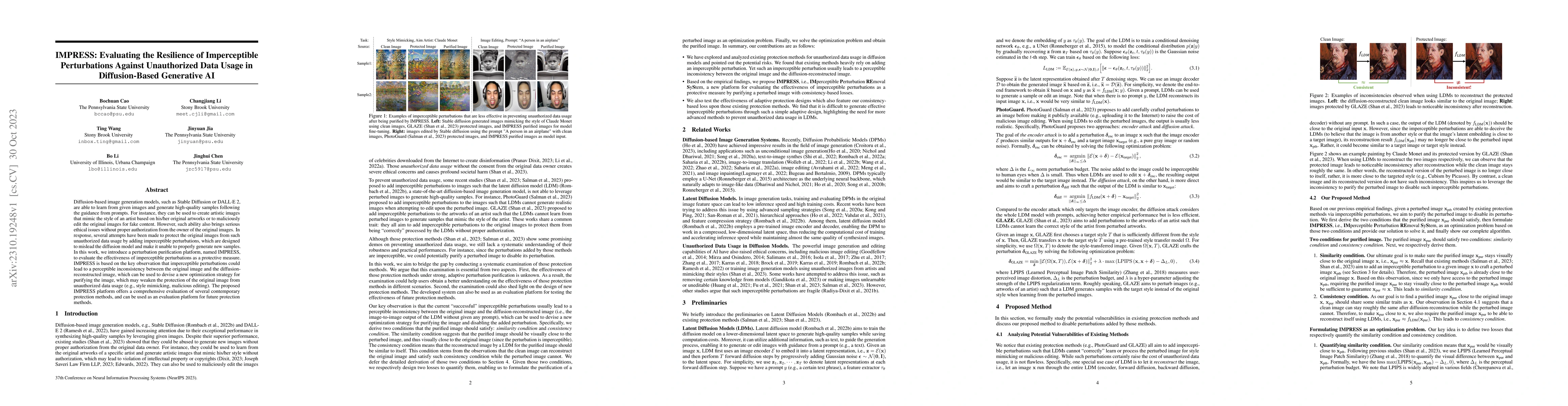 Thumbnail for IMPRESS: Evaluating the Resilience of Imperceptible Perturbations
  Against Unauthorized Data Usage in Diffusion-Based Generative AI