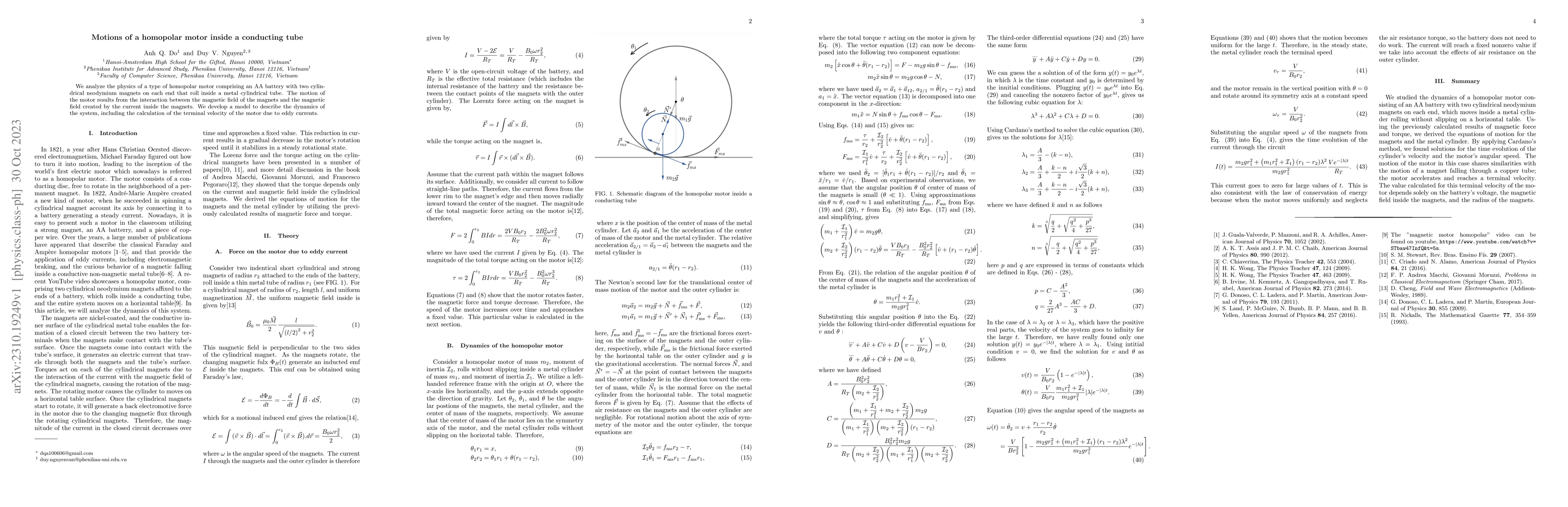 Thumbnail for Motions of a homopolar motor inside a conducting tube