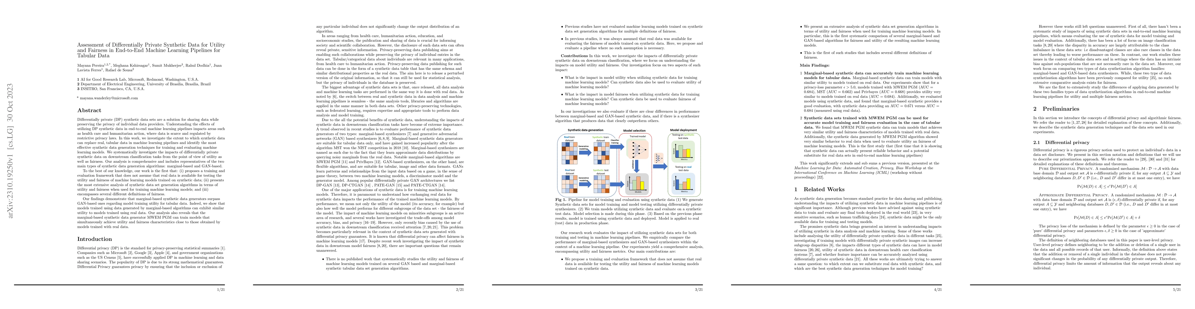Thumbnail for Assessment of Differentially Private Synthetic Data for Utility and
  Fairness in End-to-End Machine Learning Pipelines for Tabular Data