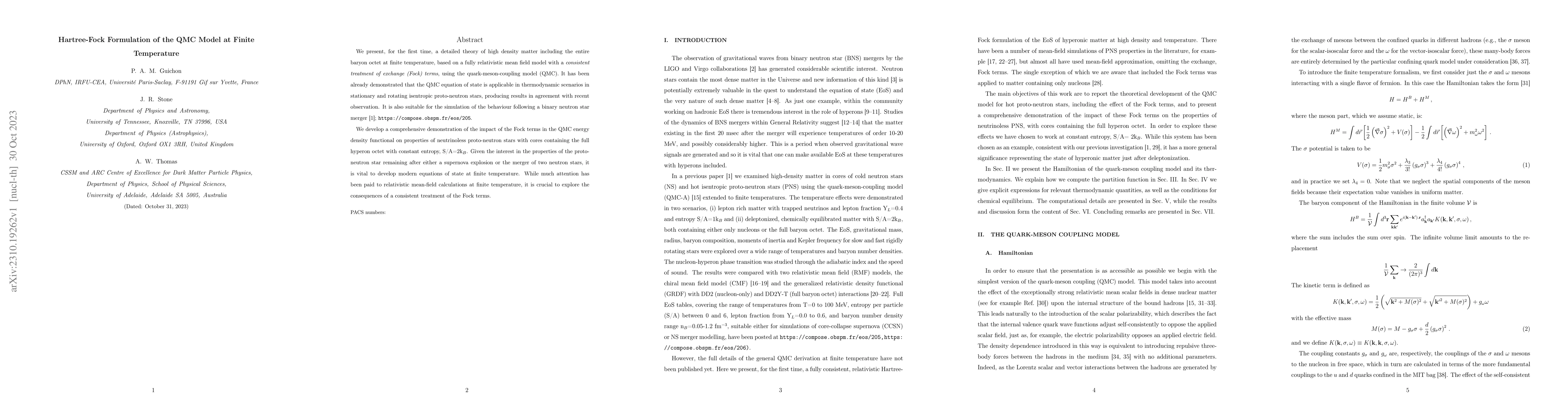 Thumbnail for Hartree-Fock Formulation of the QMC Model at Finite Temperature
