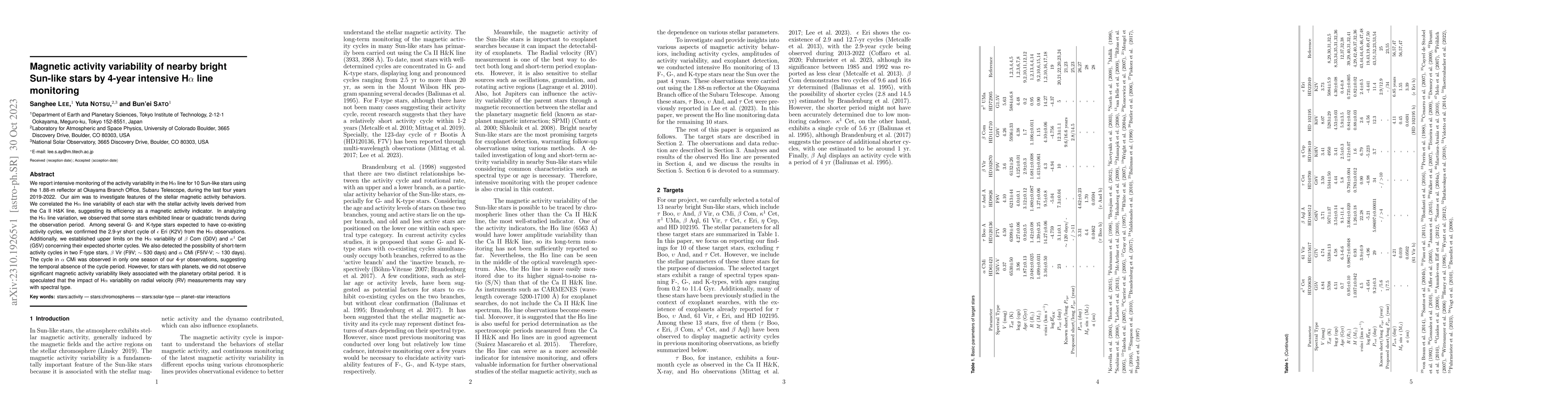Thumbnail for Magnetic activity variability of nearby bright Sun-like stars by 4-year
  intensive H$\alpha$ line monitoring