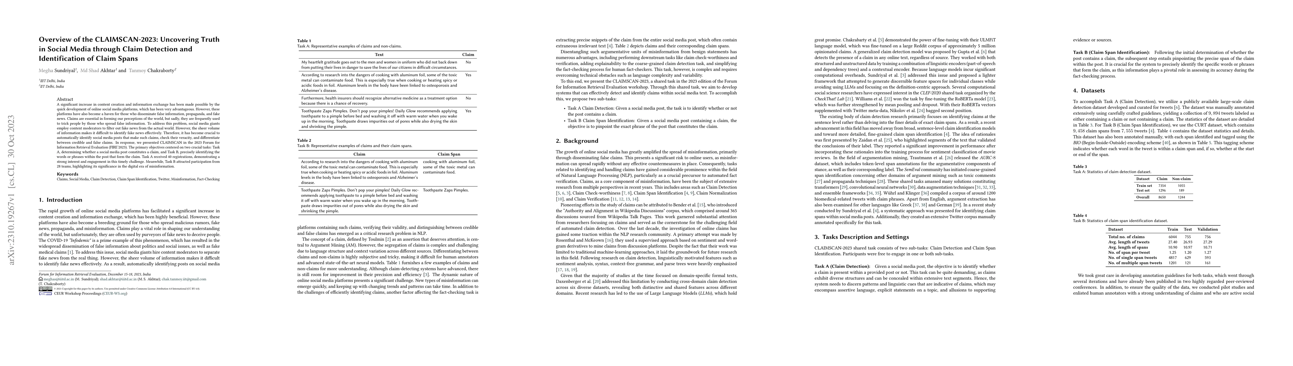 Thumbnail for Overview of the CLAIMSCAN-2023: Uncovering Truth in Social Media through
  Claim Detection and Identification of Claim Spans