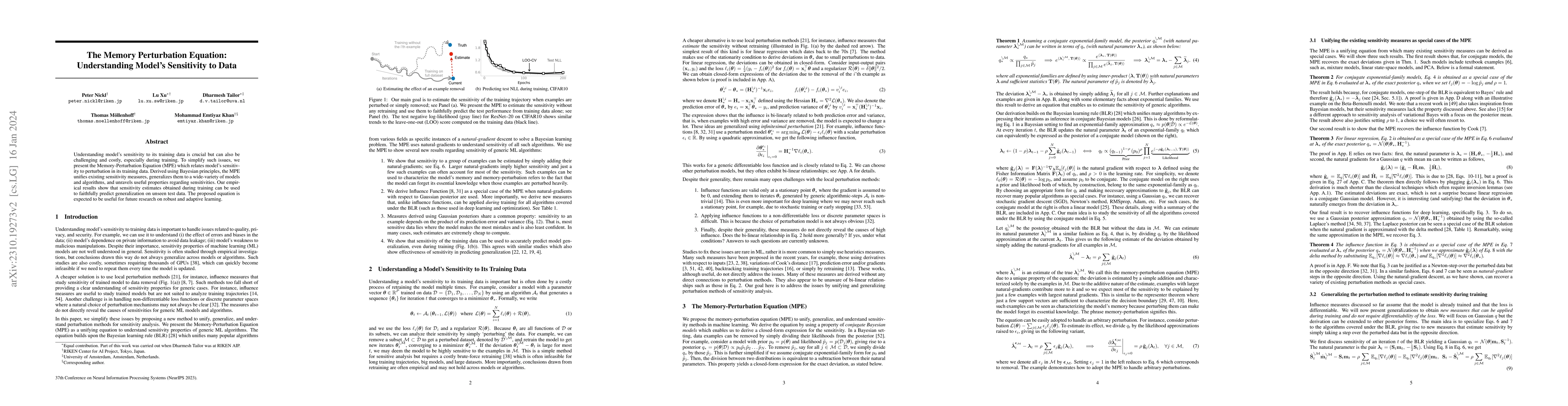 Thumbnail for The Memory Perturbation Equation: Understanding Model's Sensitivity to
  Data