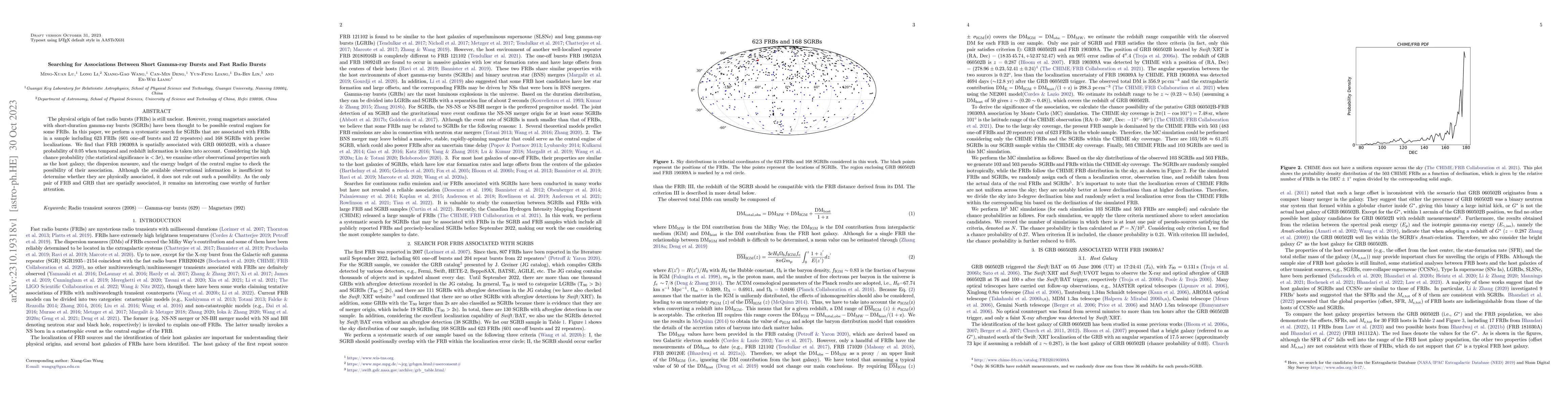 Thumbnail for Searching for Associations Between Short Gamma-ray Bursts and Fast Radio
  Burst