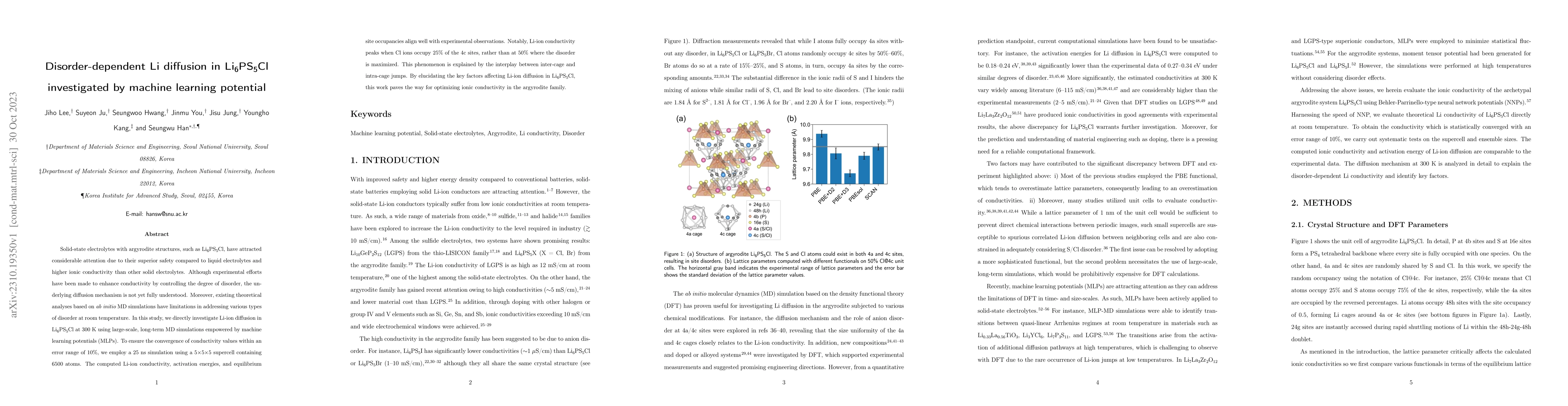 Thumbnail for Disorder-dependent Li diffusion in $\mathrm{Li_6PS_5Cl}$ investigated by
  machine learning potential