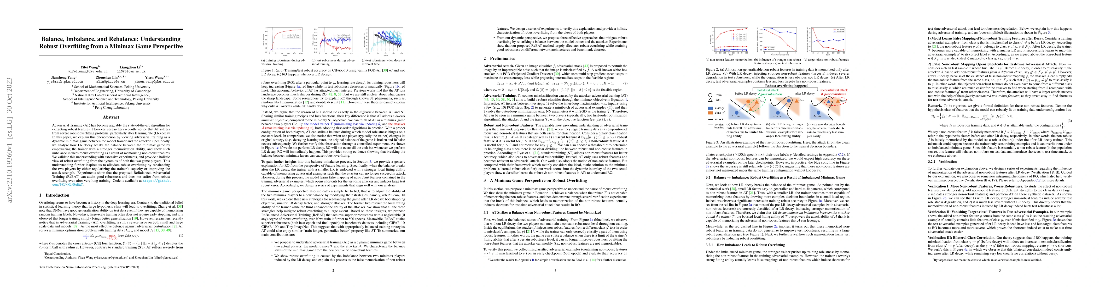 Thumbnail for Balance, Imbalance, and Rebalance: Understanding Robust Overfitting from
  a Minimax Game Perspective
