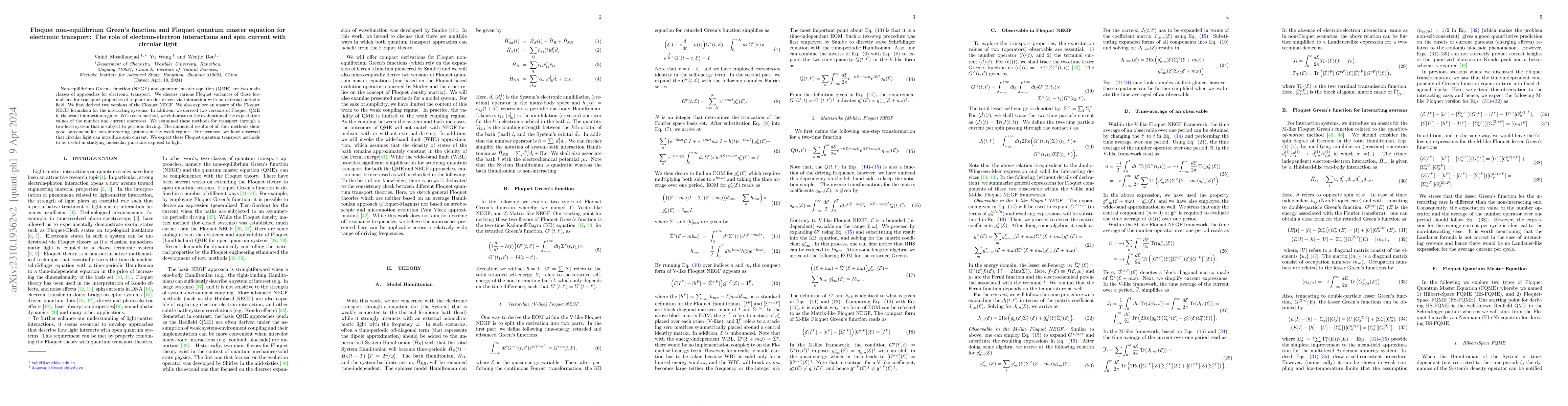 Thumbnail for Floquet non-equilibrium Green's function and Floquet quantum master
  equation for electronic transport: The role of electron-electron interactions
  and spin current with circular light