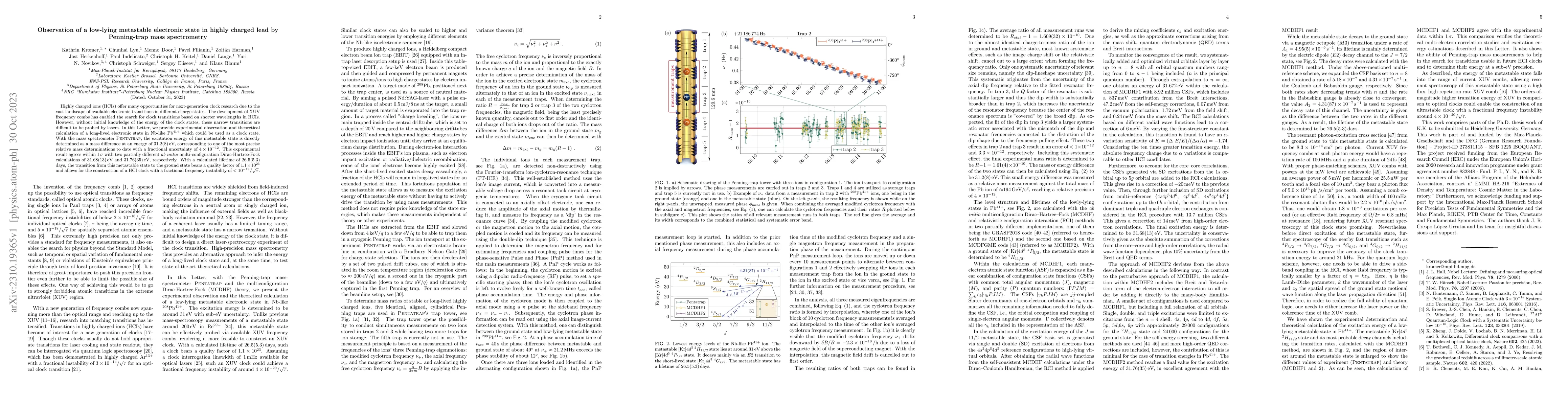 Thumbnail for Observation of a low-lying metastable electronic state in highly charged
  lead by Penning-trap mass spectrometry