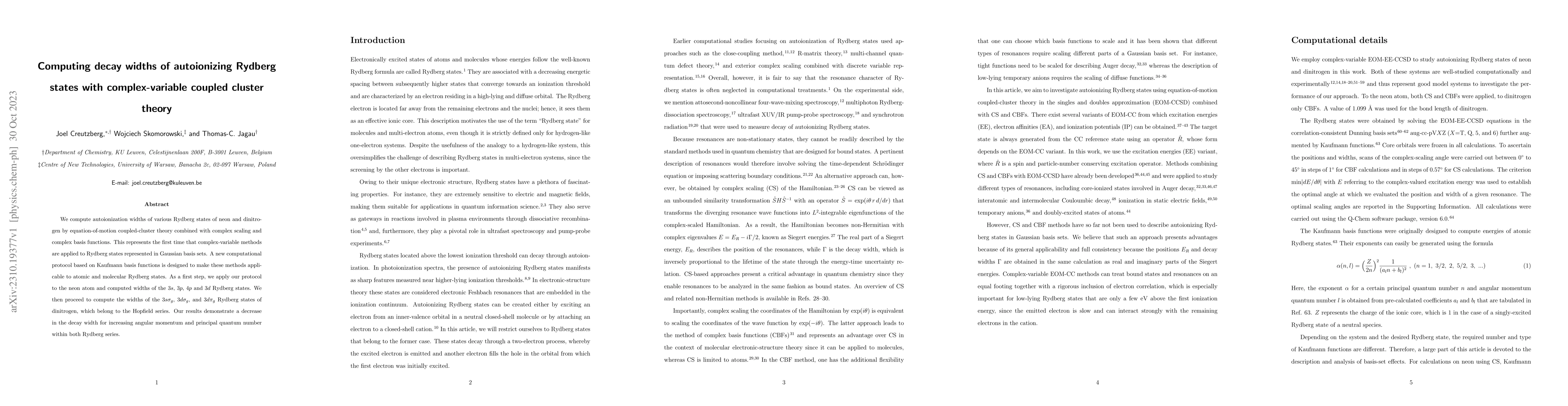 Thumbnail for Computing decay widths of autoionizing Rydberg states with
  complex-variable coupled cluster theory