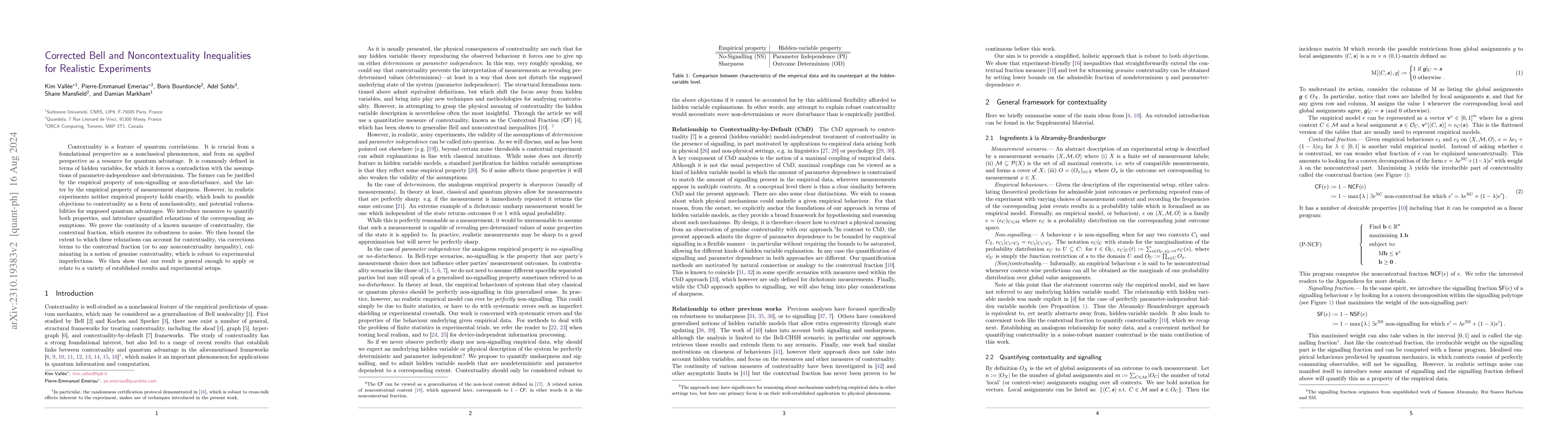 Thumbnail for Corrected Bell and Noncontextuality Inequalities for Realistic
  Experiments