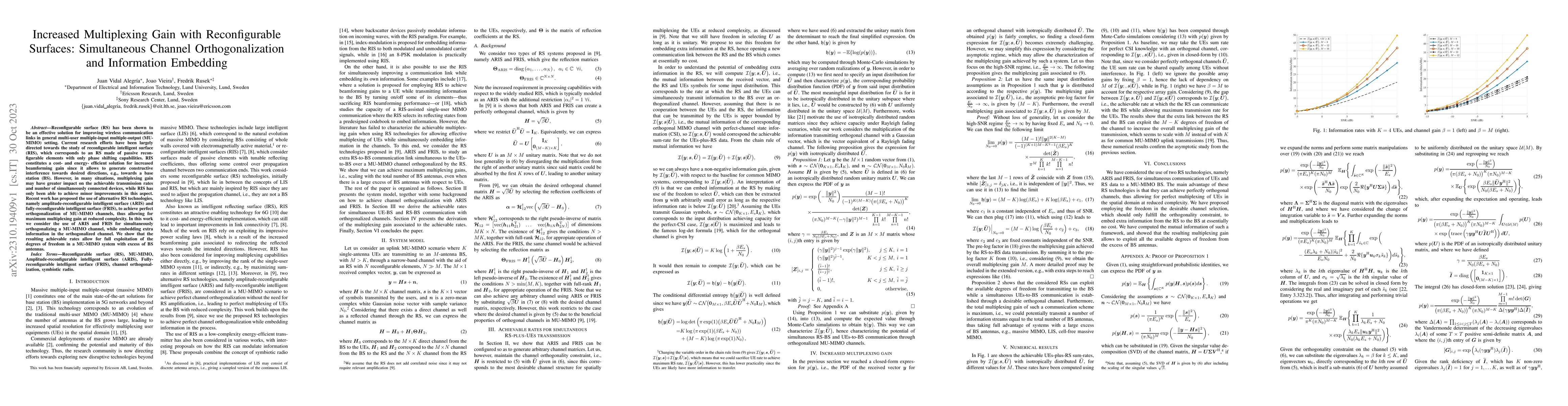 Thumbnail for Increased Multiplexing Gain with Reconfigurable Surfaces: Simultaneous
  Channel Orthogonalization and Information Embedding