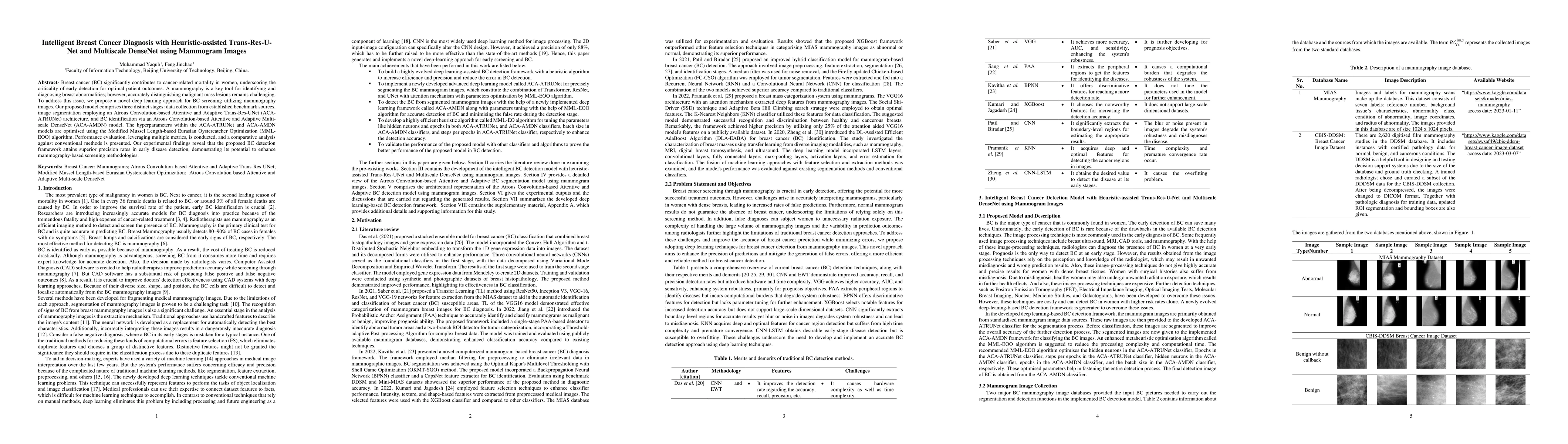 Thumbnail for Intelligent Breast Cancer Diagnosis with Heuristic-assisted
  Trans-Res-U-Net and Multiscale DenseNet using Mammogram Images