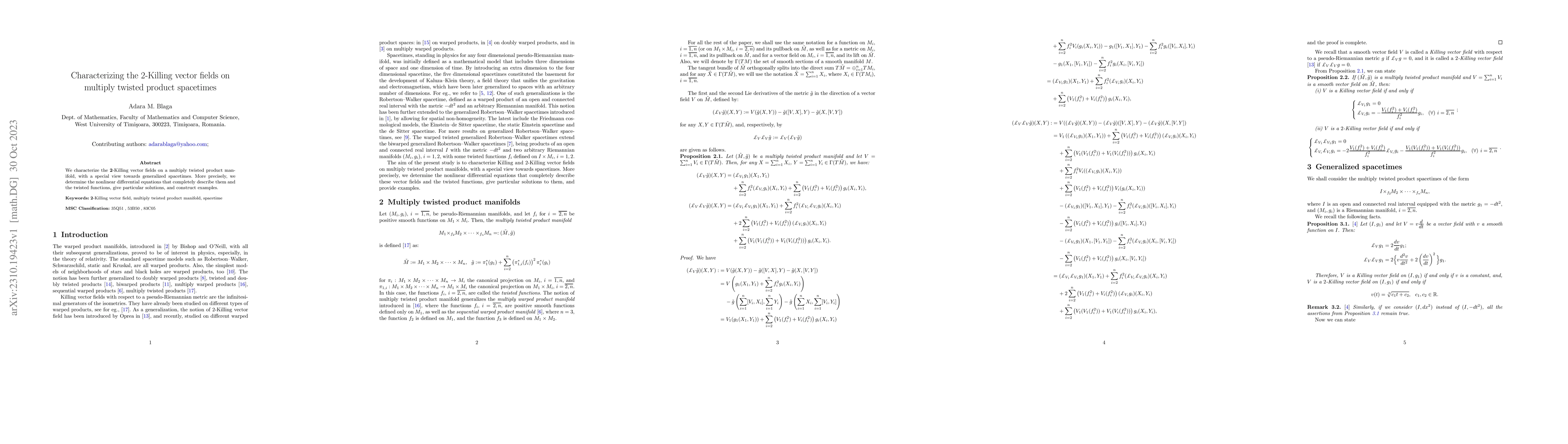 Thumbnail for Characterizing the $2$-Killing vector fields on multiply twisted product
  spacetimes