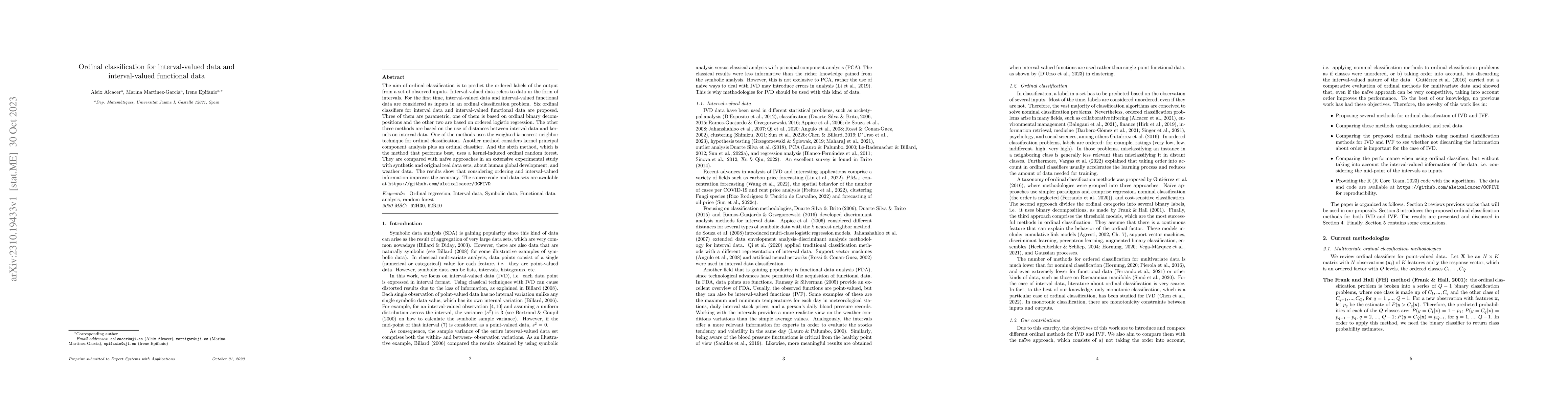 Thumbnail for Ordinal classification for interval-valued data and interval-valued
  functional data