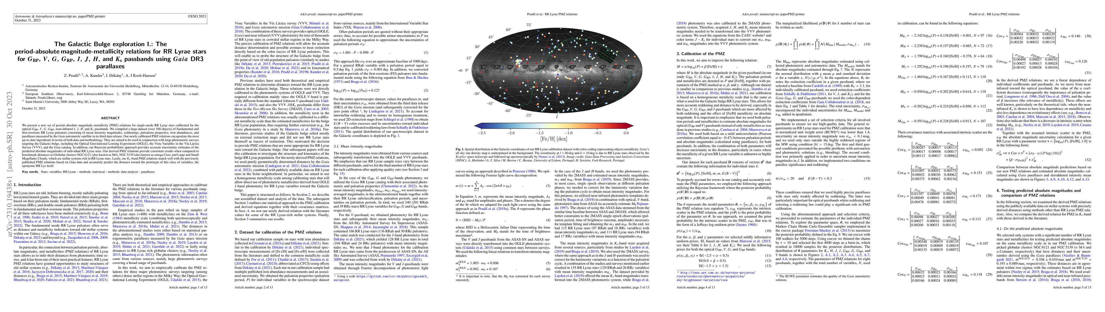 Thumbnail for The Galactic Bulge exploration I.: The
  period-absolute\,magnitude-metallicity relations for RR~Lyrae stars for
  $G_{\rm BP}$, $V$, $G$, $G_{\rm RP}$, $I$, $J$, $H$, and $K_{\rm s}$
  passbands using $Gaia$ DR3 parallaxes
