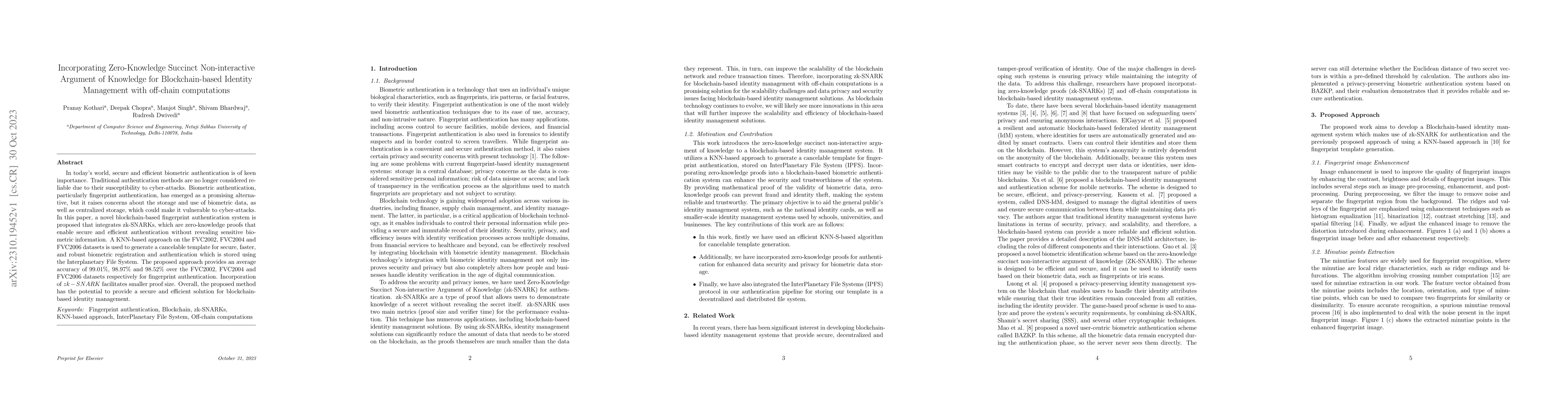 Thumbnail for Incorporating Zero-Knowledge Succinct Non-interactive Argument of
  Knowledge for Blockchain-based Identity Management with off-chain
  computations