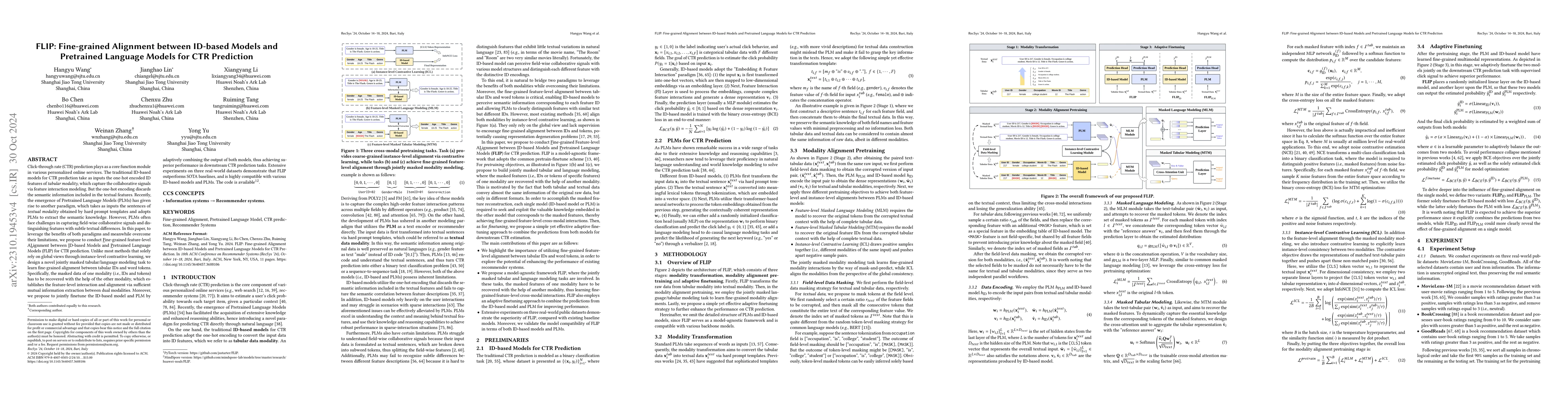 Thumbnail for FLIP: Towards Fine-grained Alignment between ID-based Models and
  Pretrained Language Models for CTR Prediction