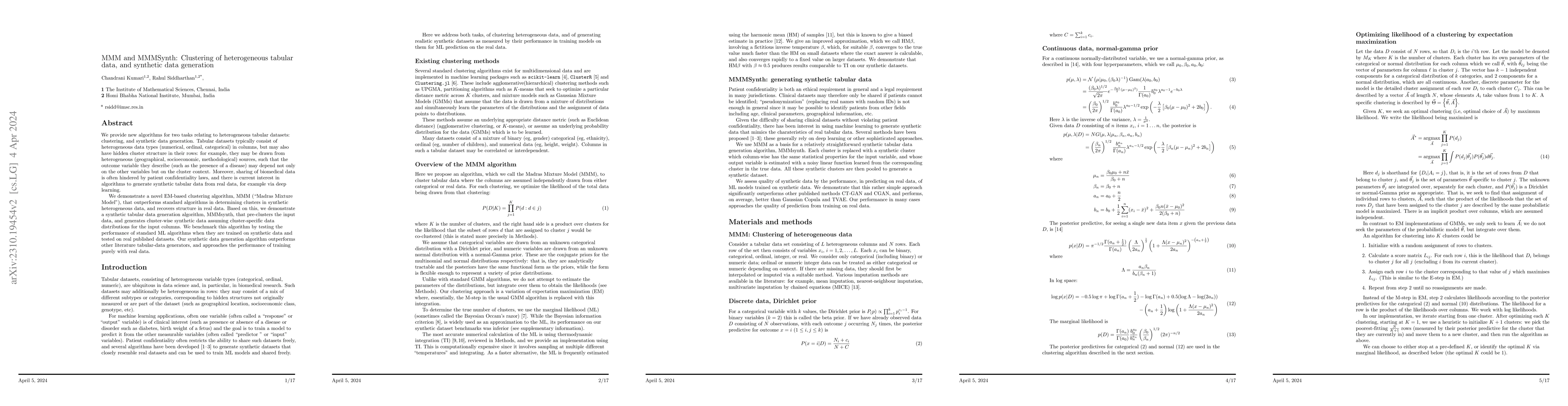 Thumbnail for MMM and MMMSynth: Clustering of heterogeneous tabular data, and
  synthetic data generation
