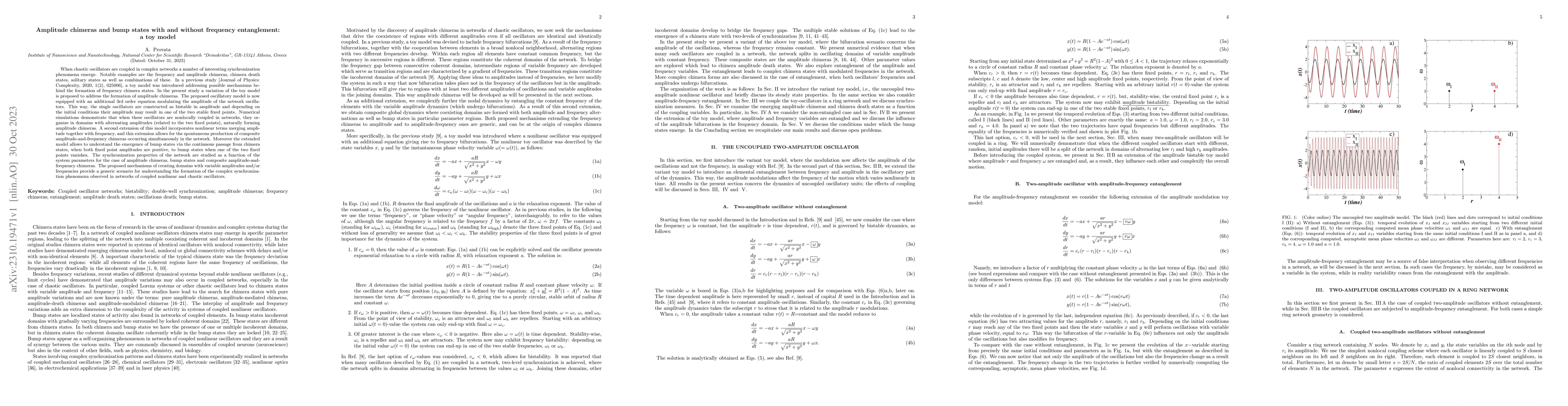Thumbnail for Amplitude chimeras and bump states with and without frequency
  entanglement: a toy model