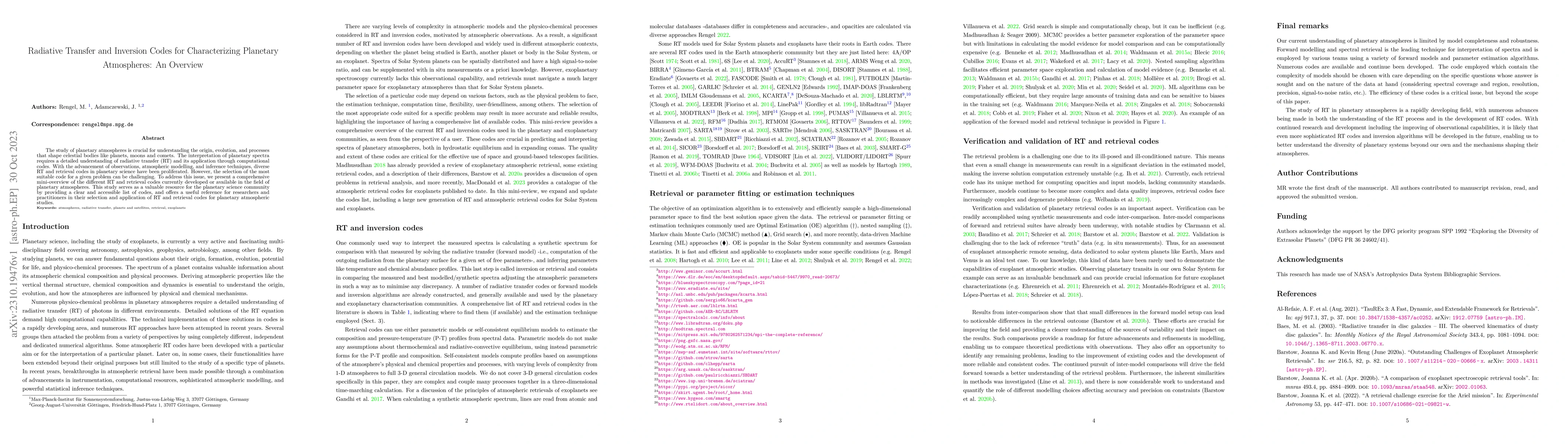 Thumbnail for Radiative Transfer and Inversion codes for characterizing planetary
  atmospheres: an overview