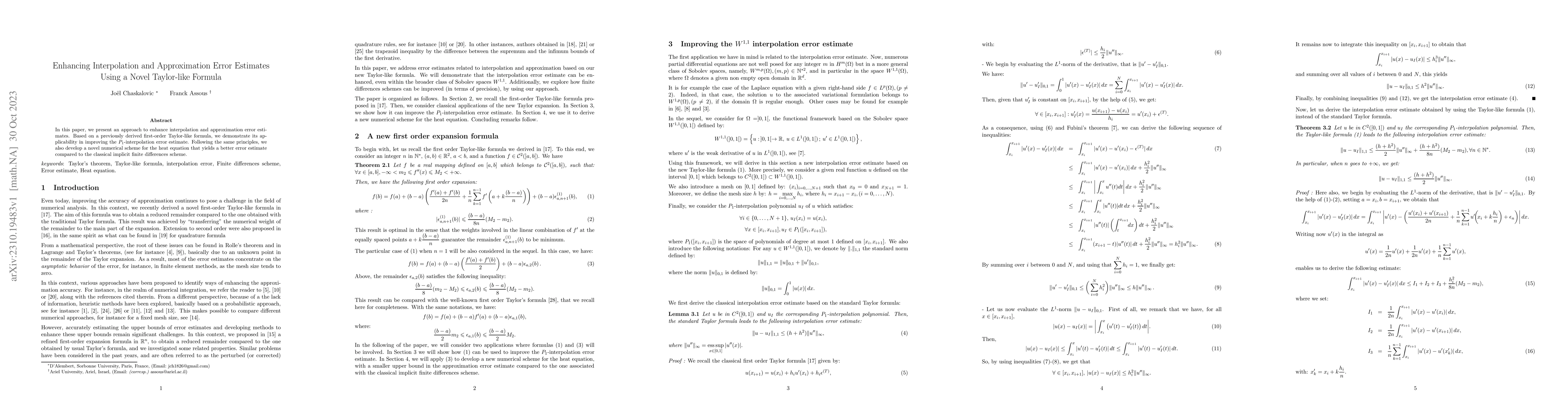 Thumbnail for Enhancing Interpolation and Approximation Error Estimates Using a Novel
  Taylor-like Formula