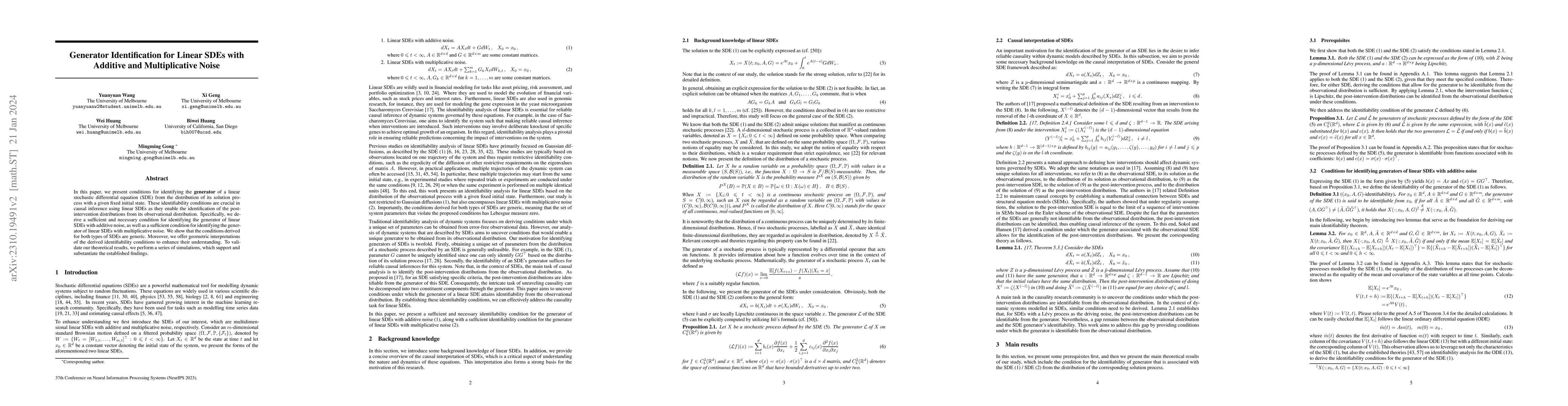 Thumbnail for Generator Identification for Linear SDEs with Additive and
  Multiplicative Noise
