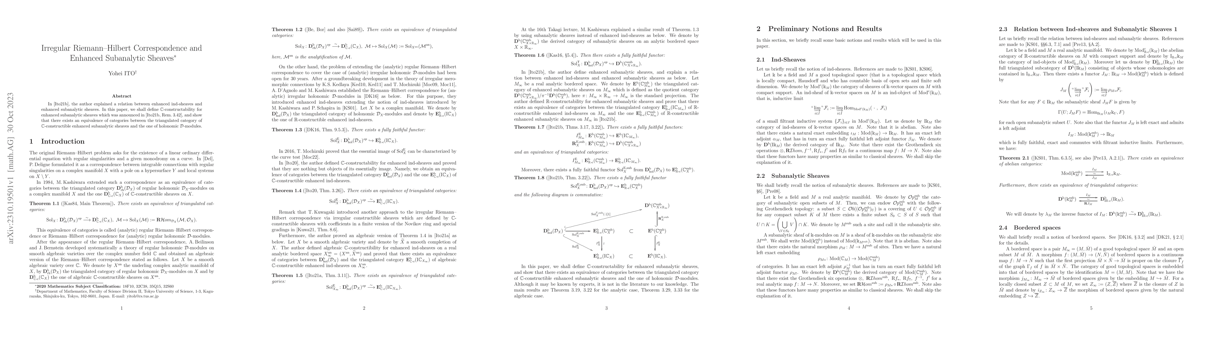 Thumbnail for Irregular Riemann-Hilbert Correspondence and Enhanced Subanalytic
  Sheaves