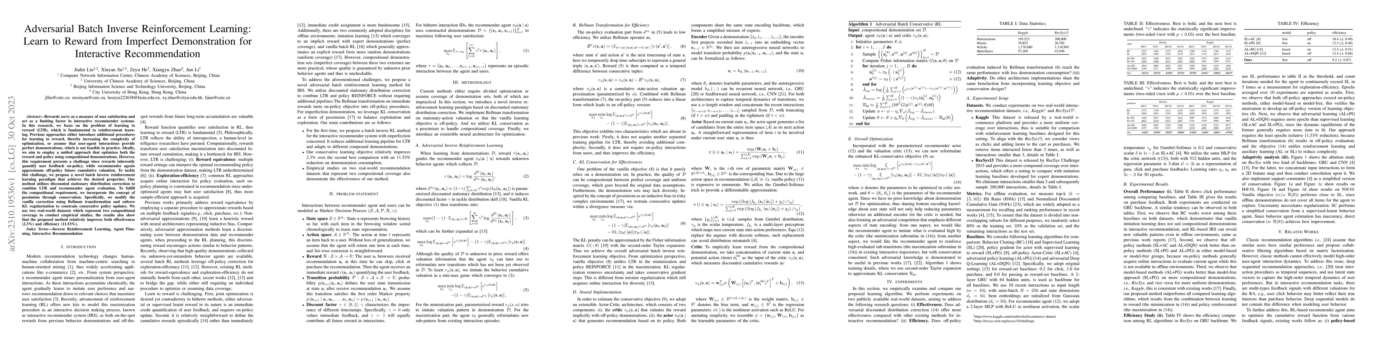Thumbnail for Adversarial Batch Inverse Reinforcement Learning: Learn to Reward from
  Imperfect Demonstration for Interactive Recommendation