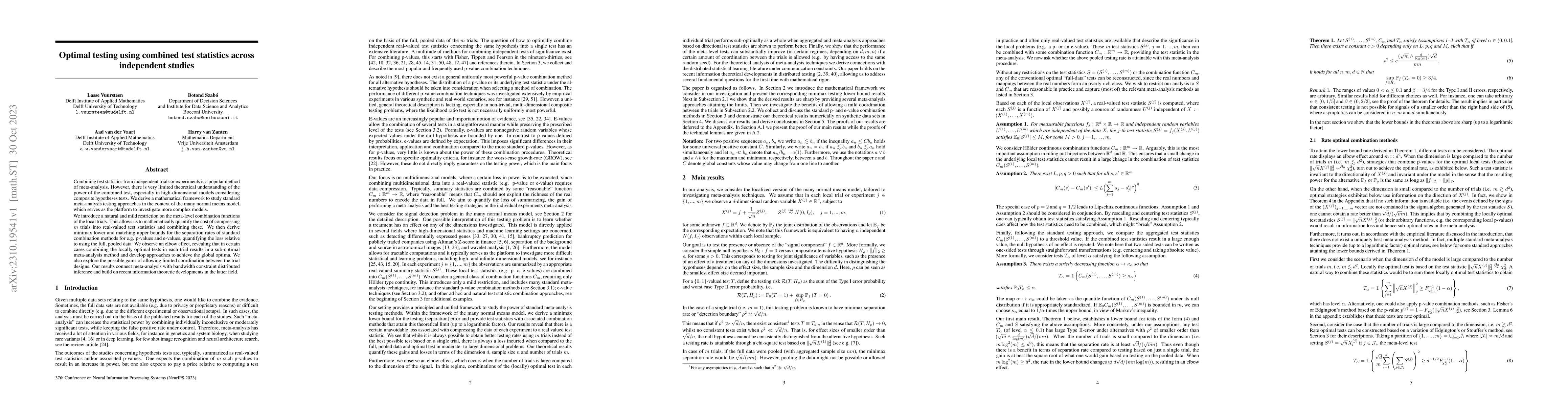 Thumbnail for Optimal testing using combined test statistics across independent
  studies