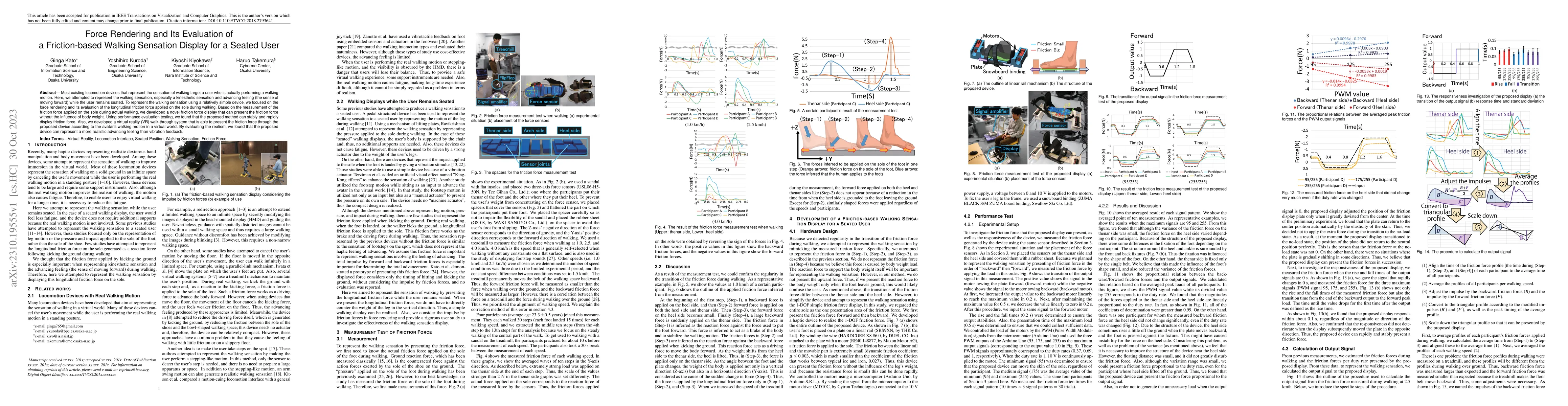 Thumbnail for Force Rendering and Its Evaluation of a Friction-based Walking Sensation
  Display for a Seated User