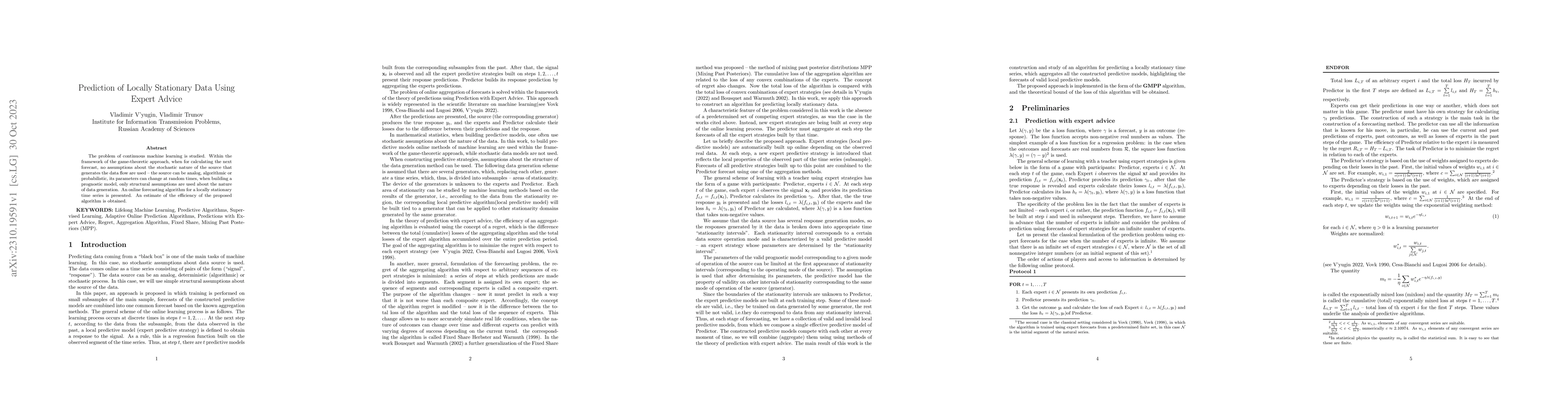 Thumbnail for Prediction of Locally Stationary Data Using Expert Advice