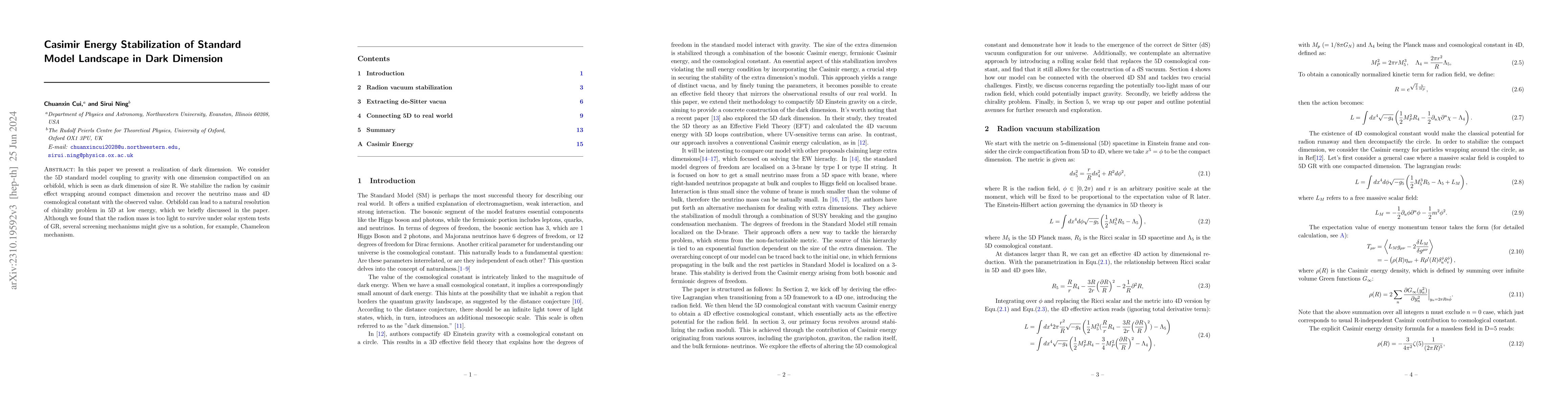 Thumbnail for Casimir Energy Stabilization of Standard Model Landscape in Dark
  Dimension