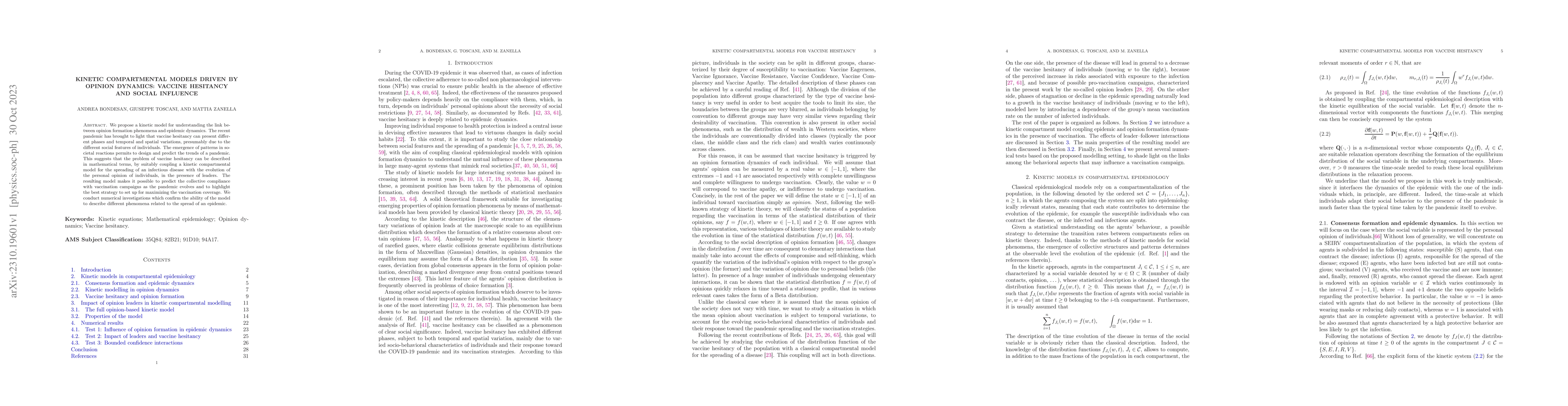 Thumbnail for Kinetic compartmental models driven by opinion dynamics: Vaccine
  hesitancy and social influence