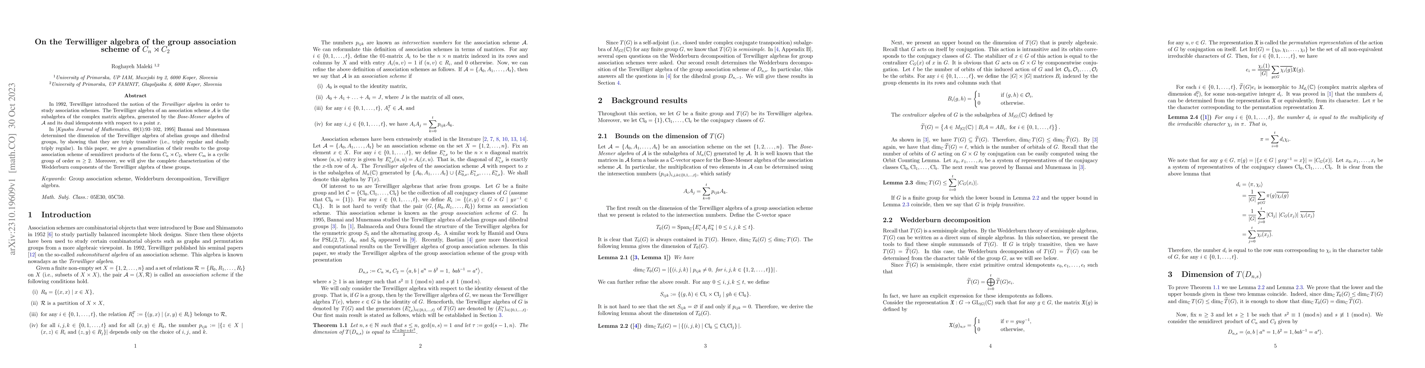 Thumbnail for On the Terwilliger algebra of the group association scheme of $C_n
  \rtimes C_2$