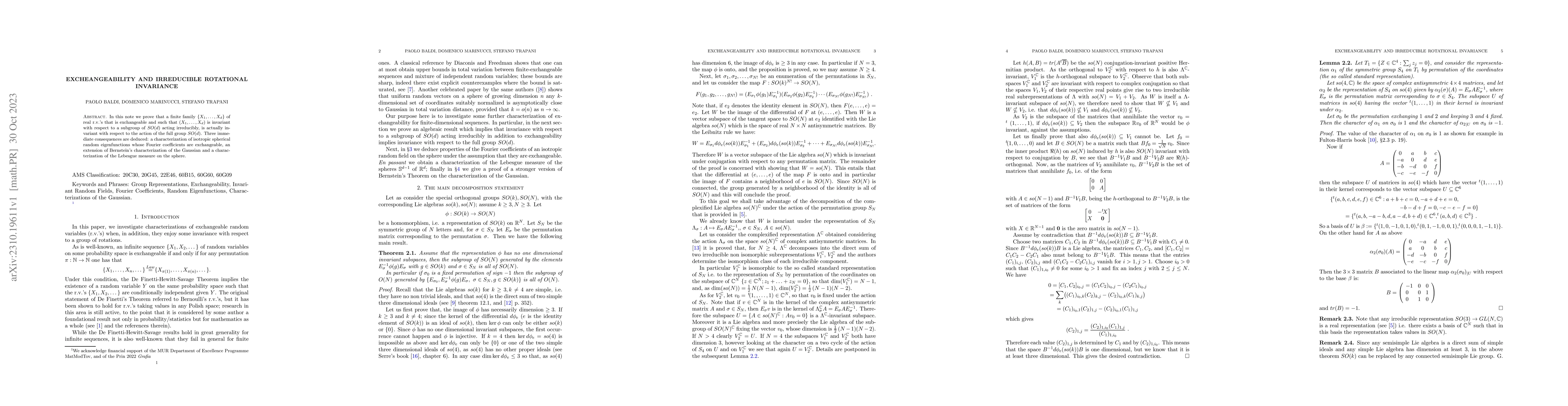 Thumbnail for Excheangeability and irreducible rotational invariance