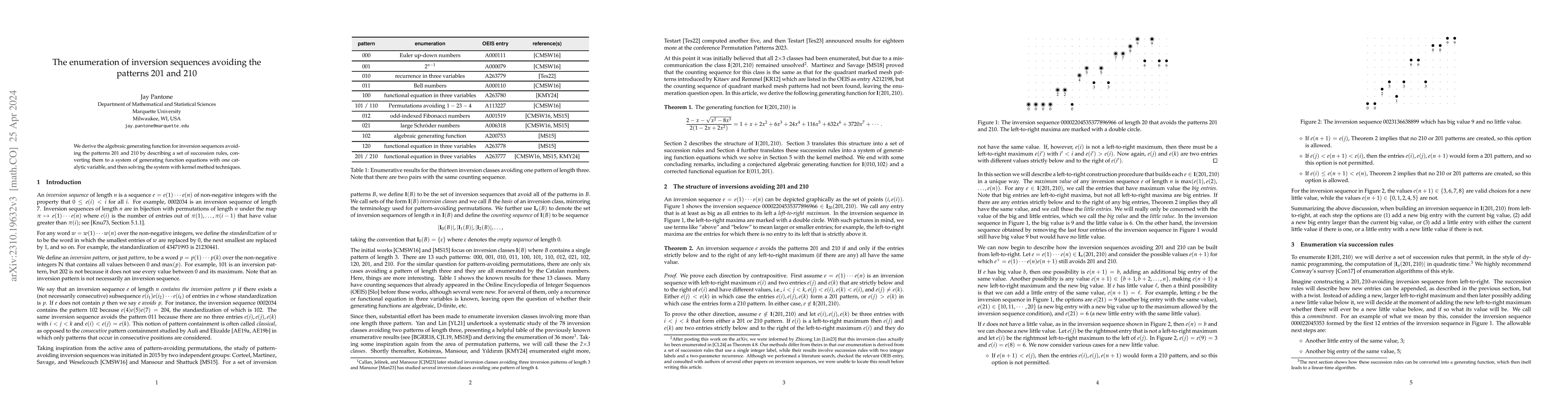 Thumbnail for The enumeration of inversion sequences avoiding the patterns 201 and 210