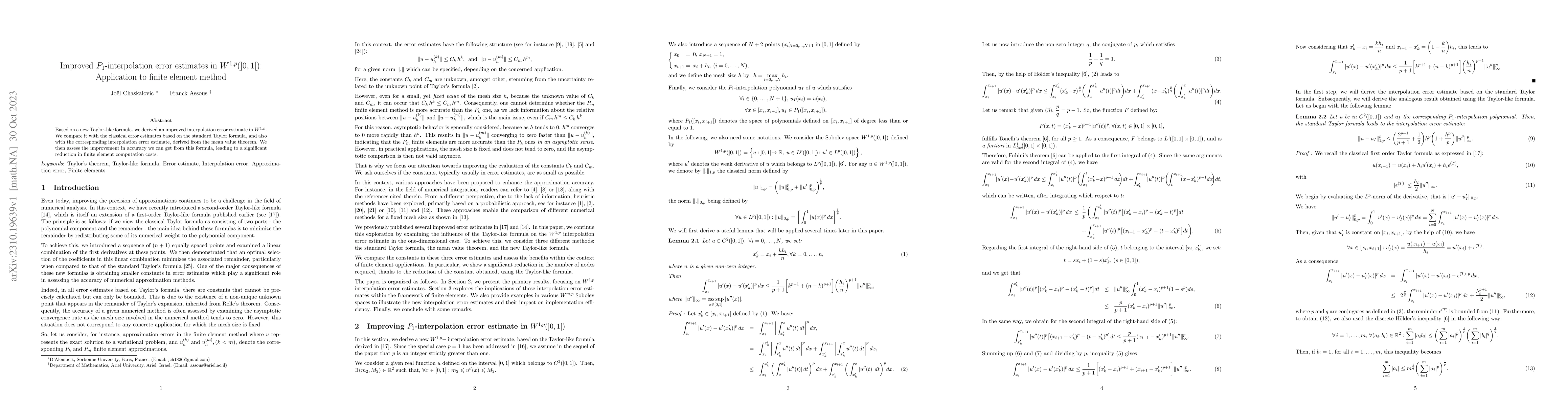 Thumbnail for Improved $P_1$-interpolation error estimates in $W^{1,p}(]0,1[)$:
  Application to finite element method