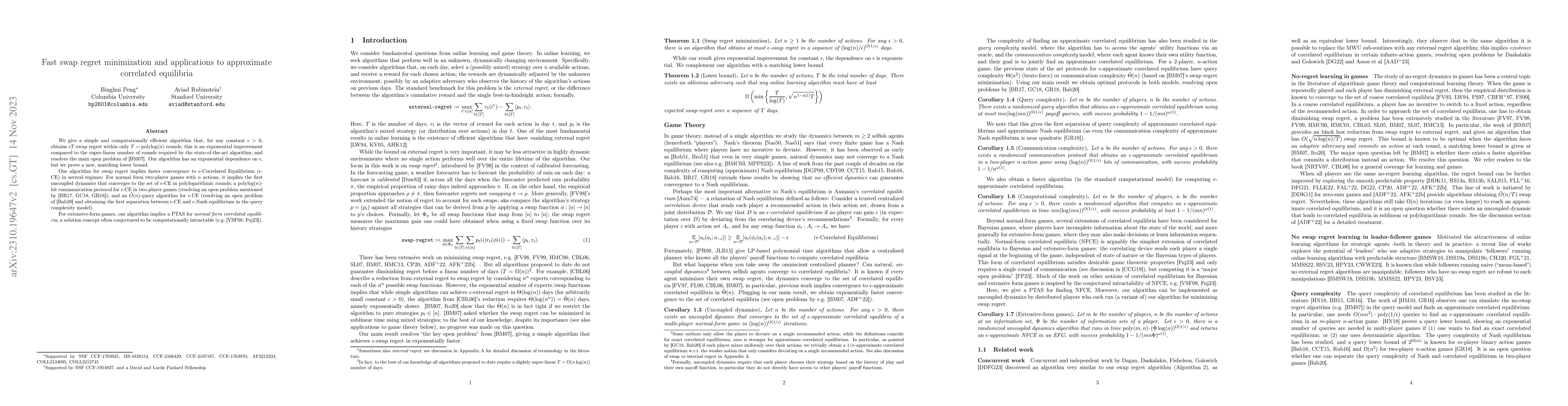 Thumbnail for Fast swap regret minimization and applications to approximate correlated
  equilibria