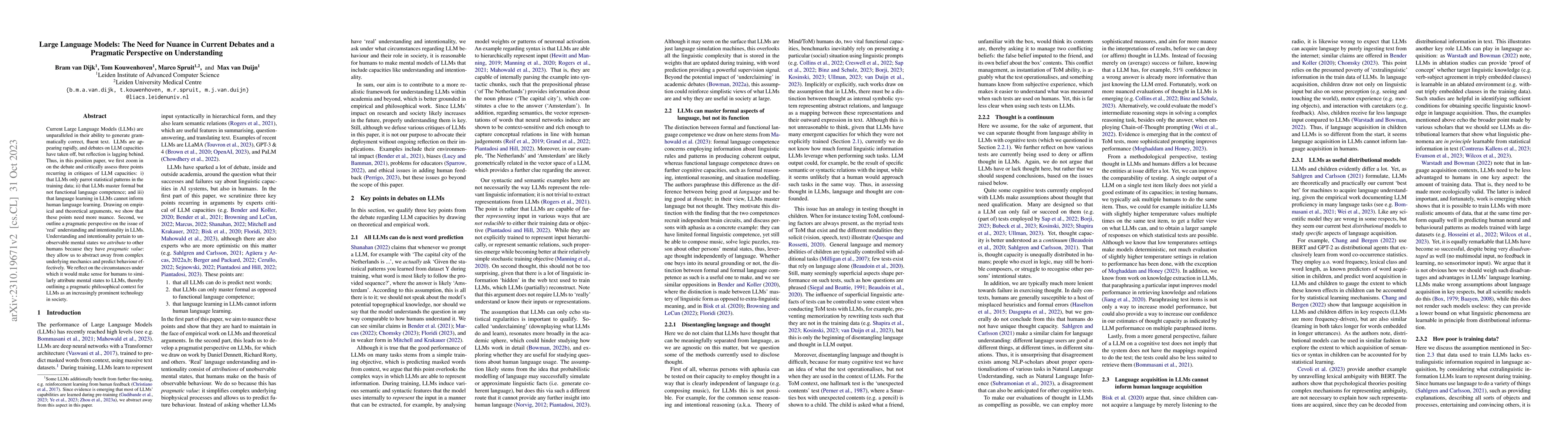 Thumbnail for Large Language Models: The Need for Nuance in Current Debates and a
  Pragmatic Perspective on Understanding