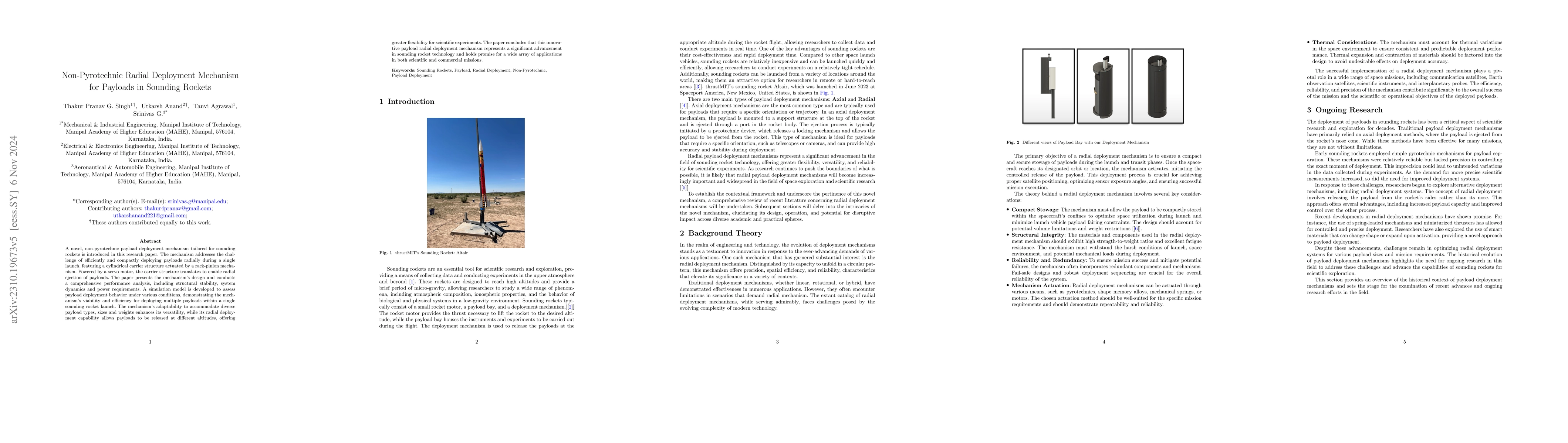 Thumbnail for A Novel Non-Pyrotechnic Radial Deployment Mechanism for Payloads in
  Sounding Rockets