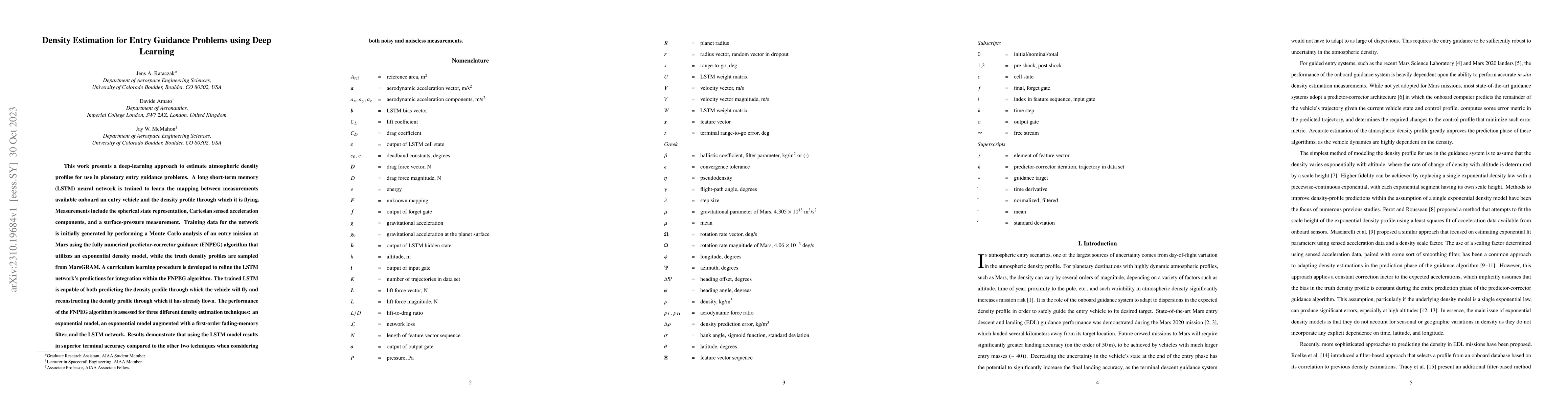 Thumbnail for Density Estimation for Entry Guidance Problems using Deep Learning