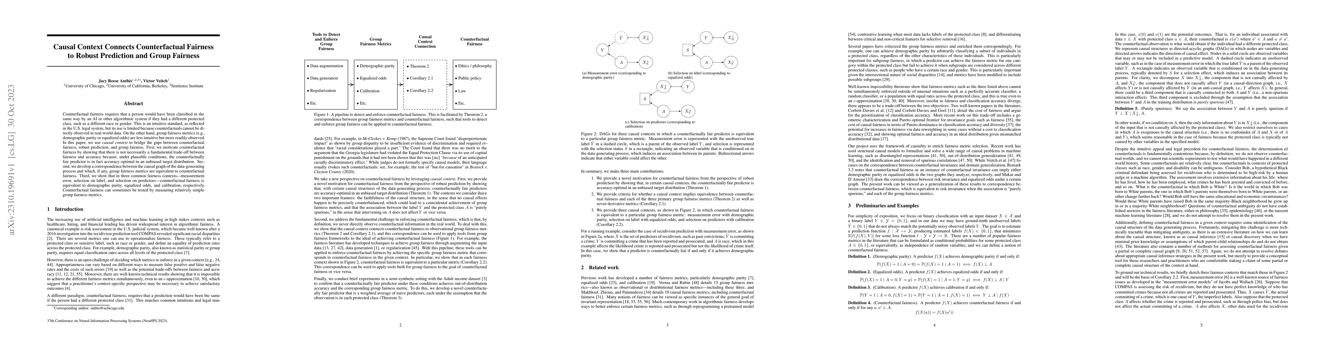 Thumbnail for Causal Context Connects Counterfactual Fairness to Robust Prediction and
  Group Fairness