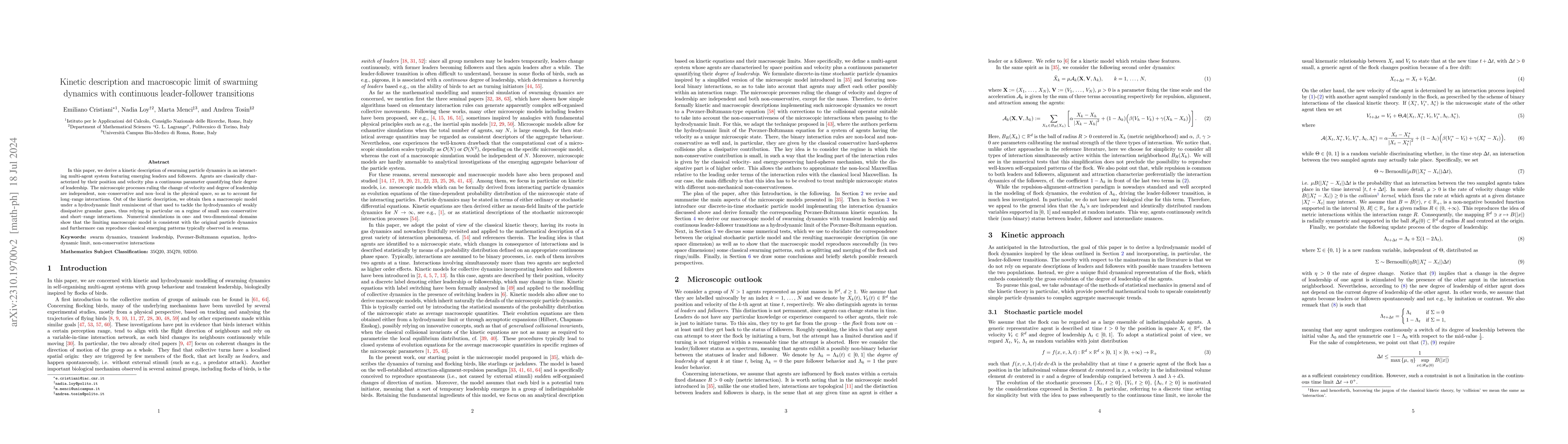 Thumbnail for Kinetic description and macroscopic limit of swarming dynamics with
  continuous leader-follower transitions